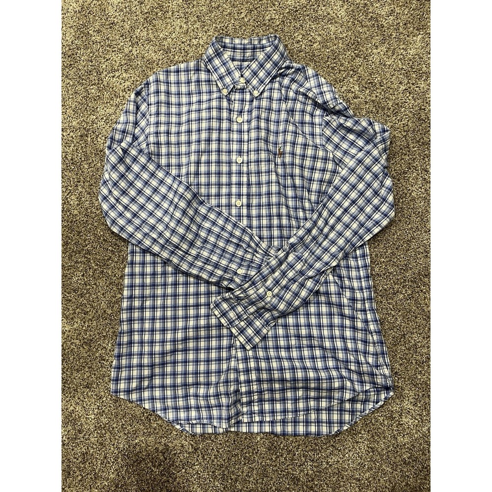 Ralph Lauren Cotton Blue and White Plaid Striped Button Down Shirt Men's Medium - Picture 5 of 9